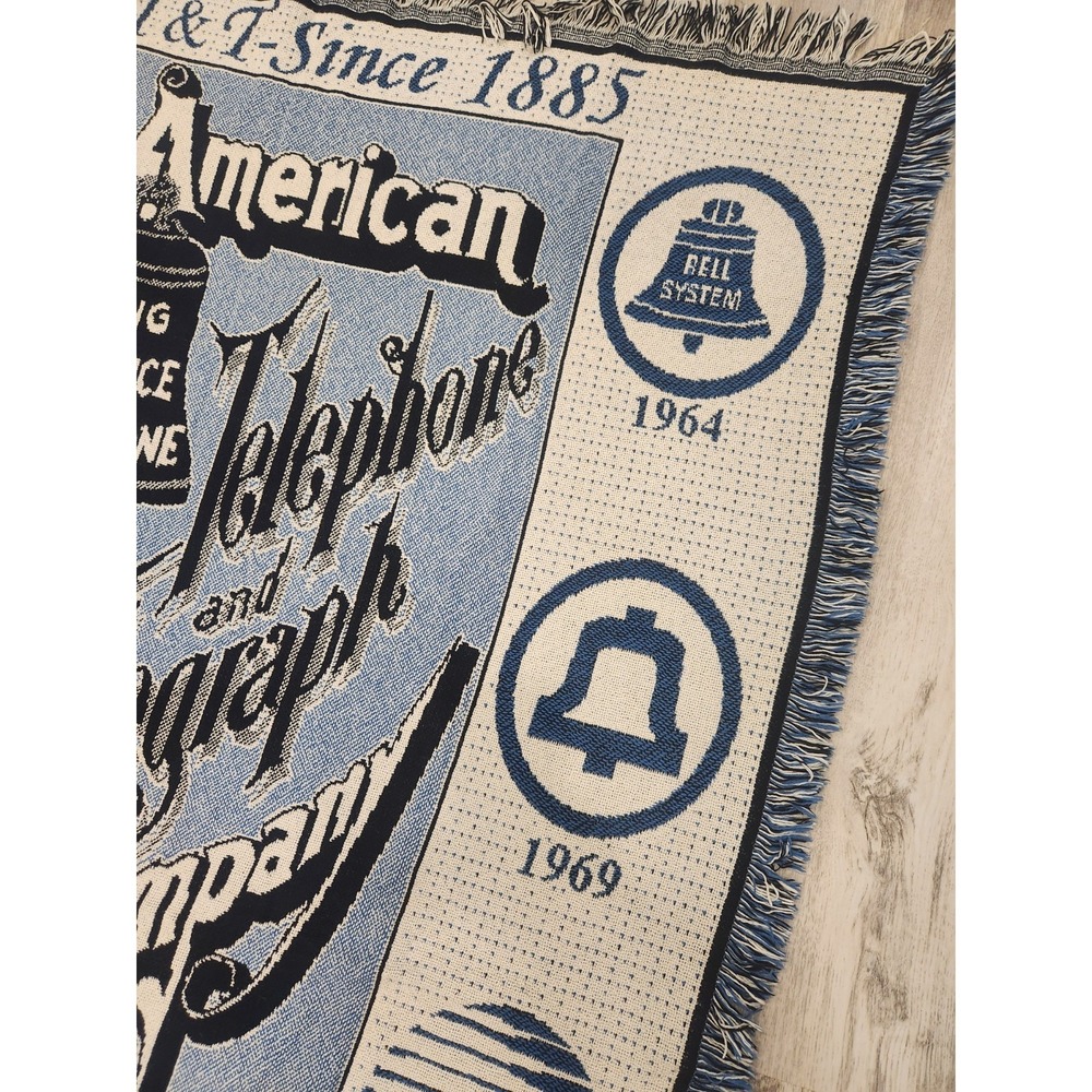 Vintage Tapestry Throw Blanket AT&T Telephone Phone Timeline Blue Cream 70x47" - Picture 8 of 8